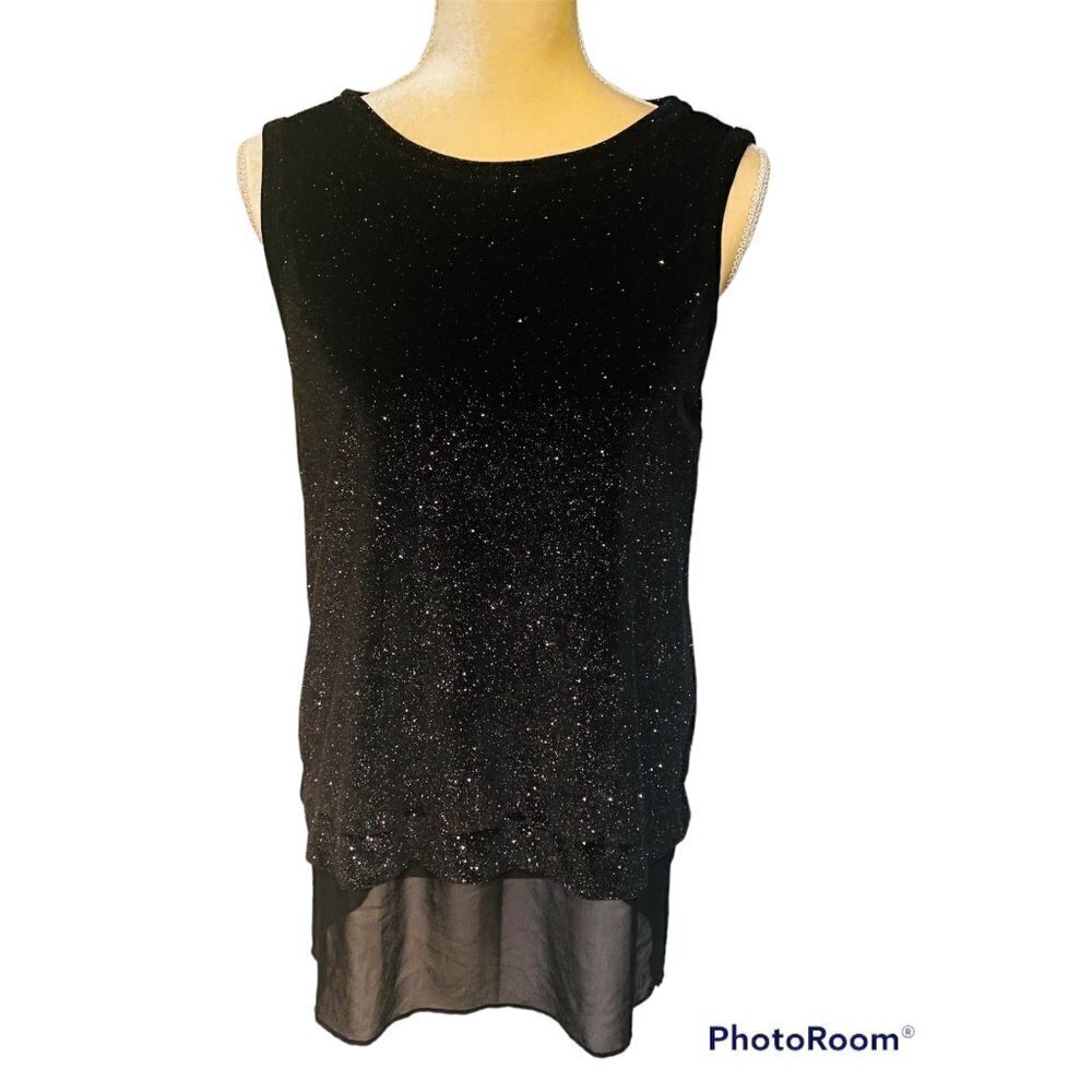 Joan Vass New York Velvet Glitter Tank Top with contrast sheer hem, Medium